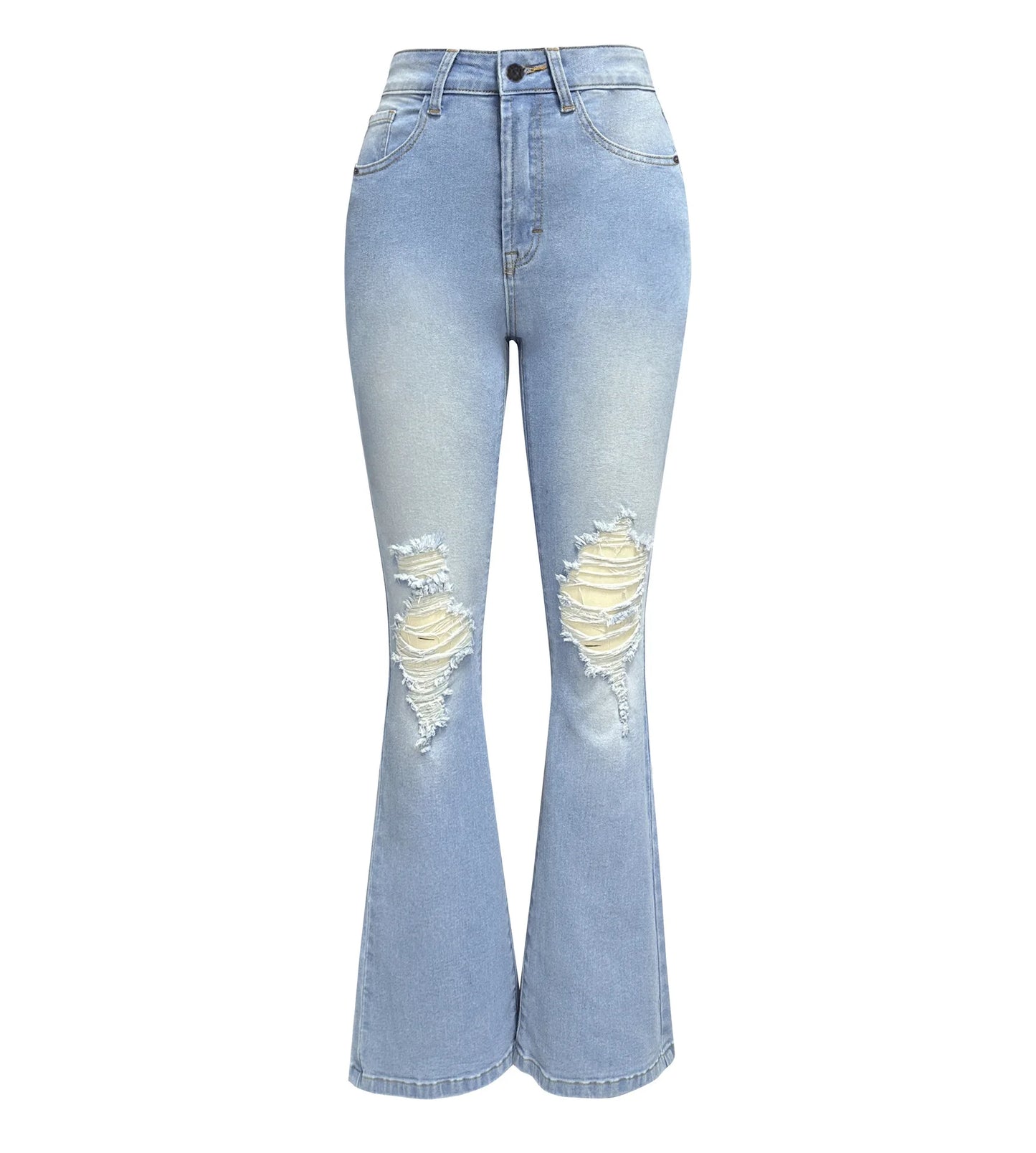 LVSANW Blue Jeans for Women Pants Jeans Casual Long Flare Pants Slim High Waist Hole Denim Trousers Button Capris Y2k Spring 2024