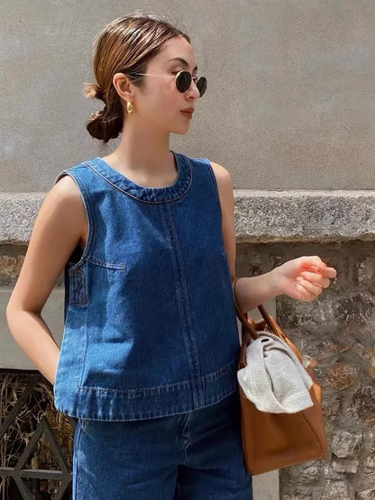 LVSANW Blue denim vest suit, sleeveless top, jeans, commuting, casual women's pants two-piecet  f022