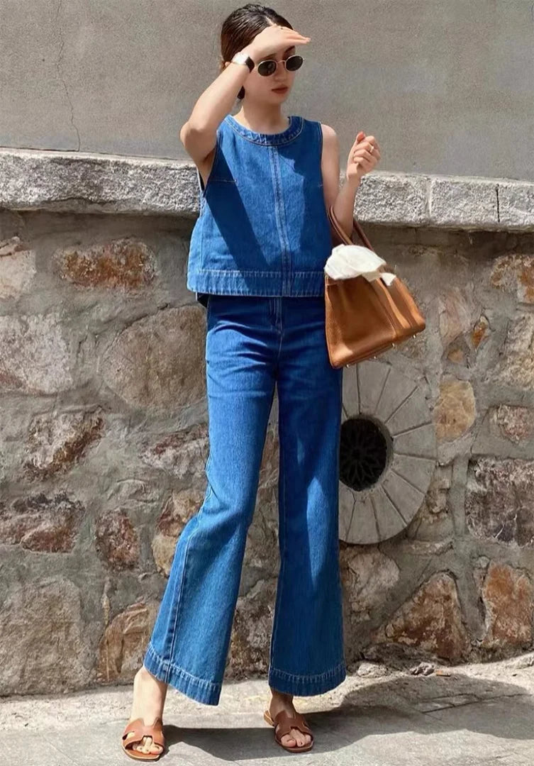 LVSANW Blue denim vest suit, sleeveless top, jeans, commuting, casual women's pants two-piecet  f022