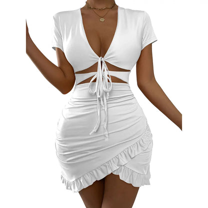 LVSANW Bodycon Summer Dress Party Club Bridesmaid Short Sleeve Party Bandages Show Hilum Tie Open Front Crop Women Hollow Out Dresses