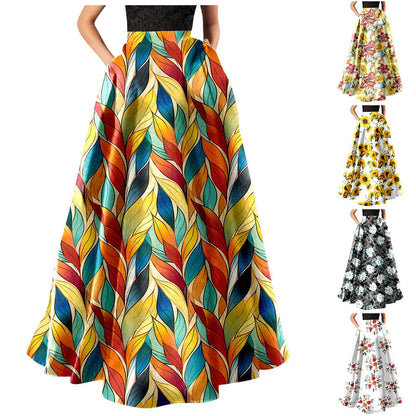 LVSANW Bohemian Skirts For Women High Waisted Beach Maxi Skirt Wth Pockets Boho Floral Print Skirts Summer A Line Flowy Skirt 롱스커트