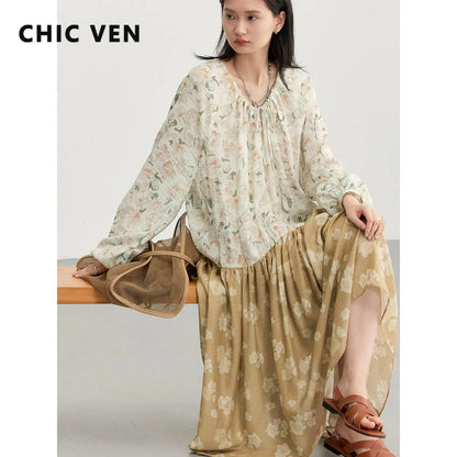 LVSANW CHIC VEN Korean Women's Dresses Drawstring Floral Dress for Woman Pullover  Dress New Style Spring Summer 2024