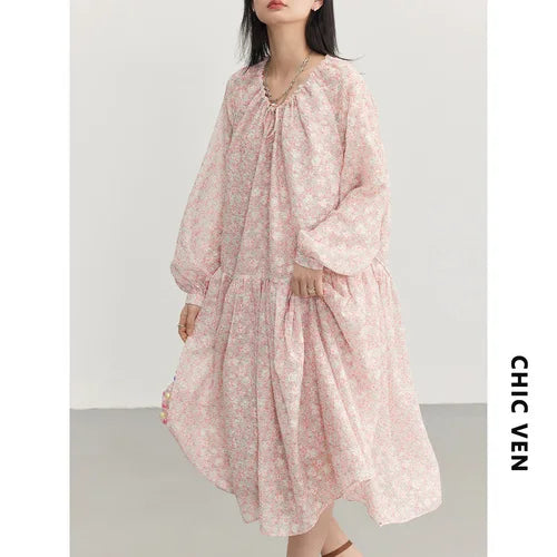 LVSANW CHIC VEN Korean Women's Dresses Drawstring Floral Dress for Woman Pullover  Dress New Style Spring Summer 2024