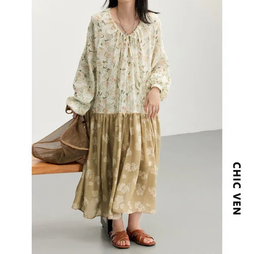 LVSANW CHIC VEN Korean Women's Dresses Drawstring Floral Dress for Woman Pullover  Dress New Style Spring Summer 2024