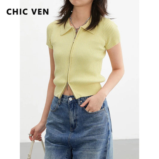 LVSANW CHIC VEN Women Cardigan Zipper Solid Female Sweaters Knitted T-shirts Short Sleeved Woman Jumpers 2024  Summer Pullovers