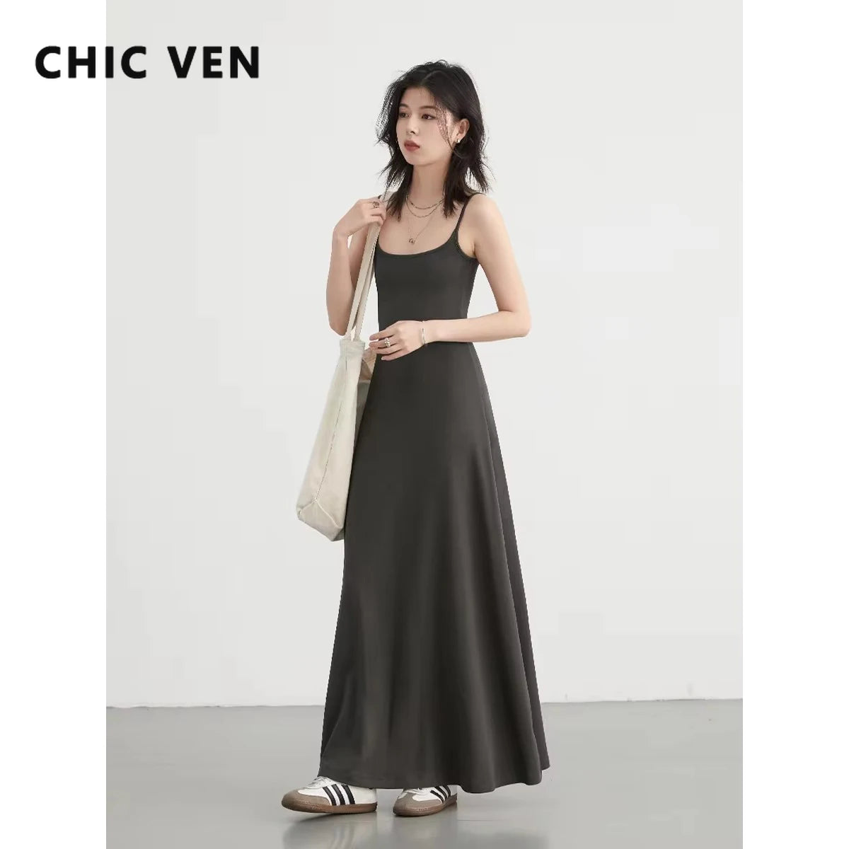 LVSANW CHIC VEN Women Dresses Solid New Sleeveless Girl U-Neck Strap Dress Slim Fit Long Pullover Soft Female Dress Summer 2024