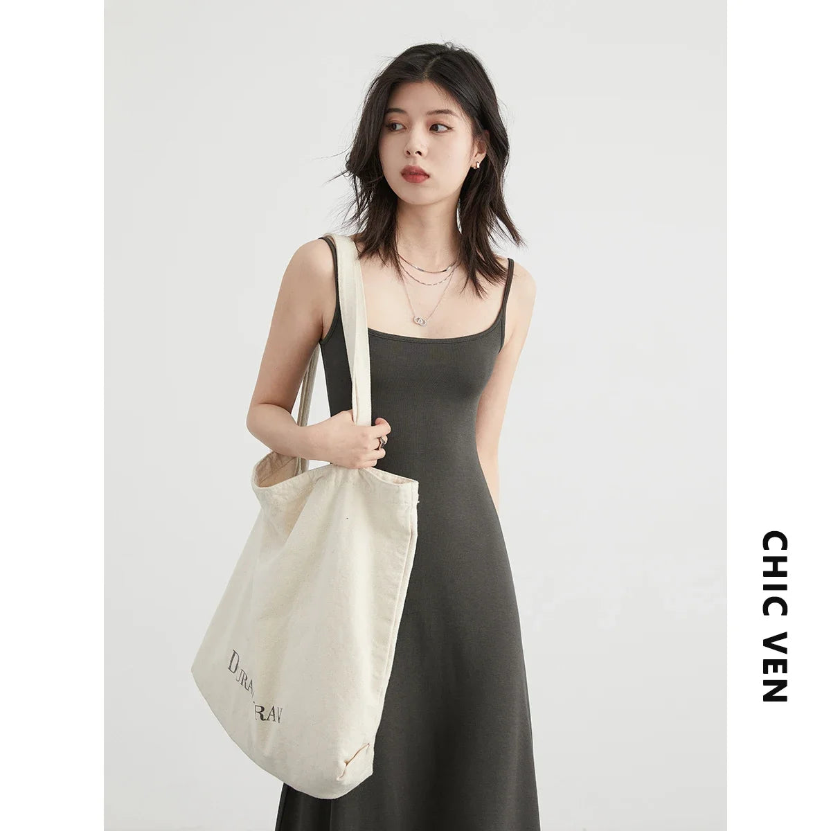 LVSANW CHIC VEN Women Dresses Solid New Sleeveless Girl U-Neck Strap Dress Slim Fit Long Pullover Soft Female Dress Summer 2024