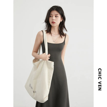 LVSANW CHIC VEN Women Dresses Solid New Sleeveless Girl U-Neck Strap Dress Slim Fit Long Pullover Soft Female Dress Summer 2024