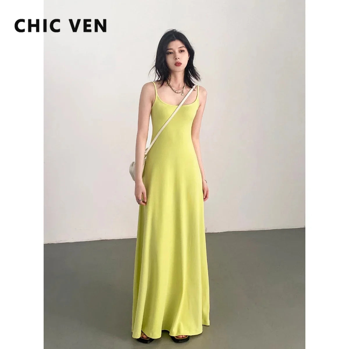 LVSANW CHIC VEN Women Dresses Solid New Sleeveless Girl U-Neck Strap Dress Slim Fit Long Pullover Soft Female Dress Summer 2024