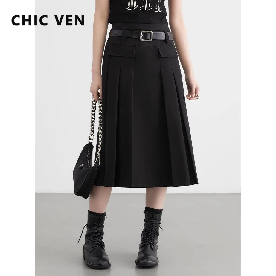 LVSANW CHIC VEN Women Skirts Black Loose New British H-shaped High Waisted Female Pleated Half A-line Long Skirt Spring Summer 2024