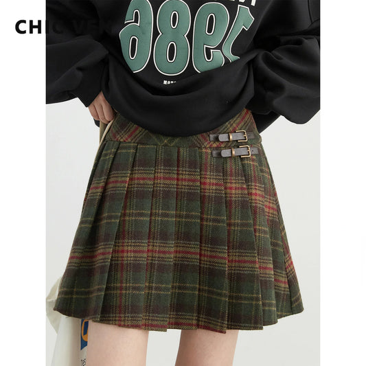 LVSANW CHIC VEN Women Skirts High Waist New British College Style Wool Plaid A-line Skirt Pleated Skirt Spring Autumn 2024