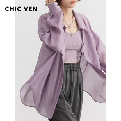 LVSANW CHIC VEN Women Thin Shirt Long Sleeve Casual Loose Slightly Transparent Cool Blouses Woman Solid Design Female Top Summer 2024