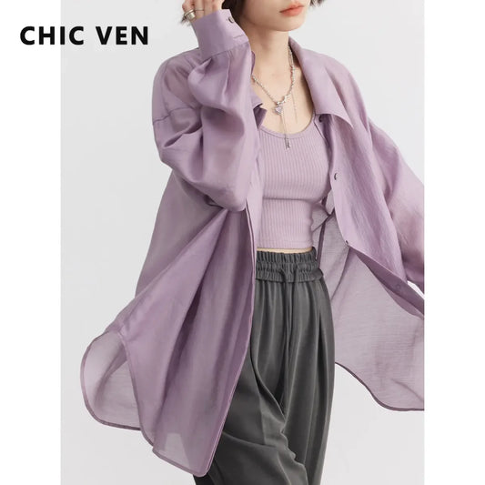 LVSANW CHIC VEN Women Thin Shirt Long Sleeve Casual Loose Slightly Transparent Cool Blouses Woman Solid Design Female Top Summer 2024