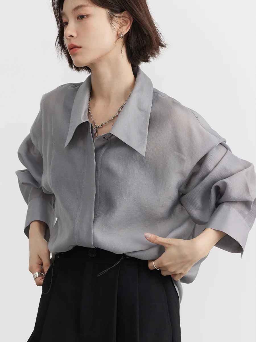 LVSANW CHIC VEN Women Thin Shirt Long Sleeve Casual Loose Slightly Transparent Cool Blouses Woman Solid Design Female Top Summer 2024