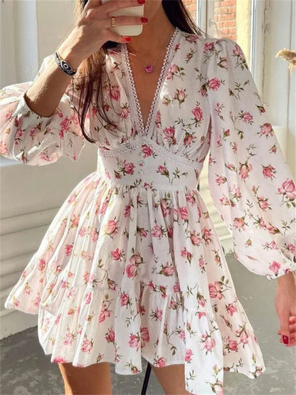 LVSANW CHRONSTYLE Elegant Women Floral Print Short Mini Dress Long Lantern Sleeve Deep V Neck High Waist A-Line Dresses Female Vestidos