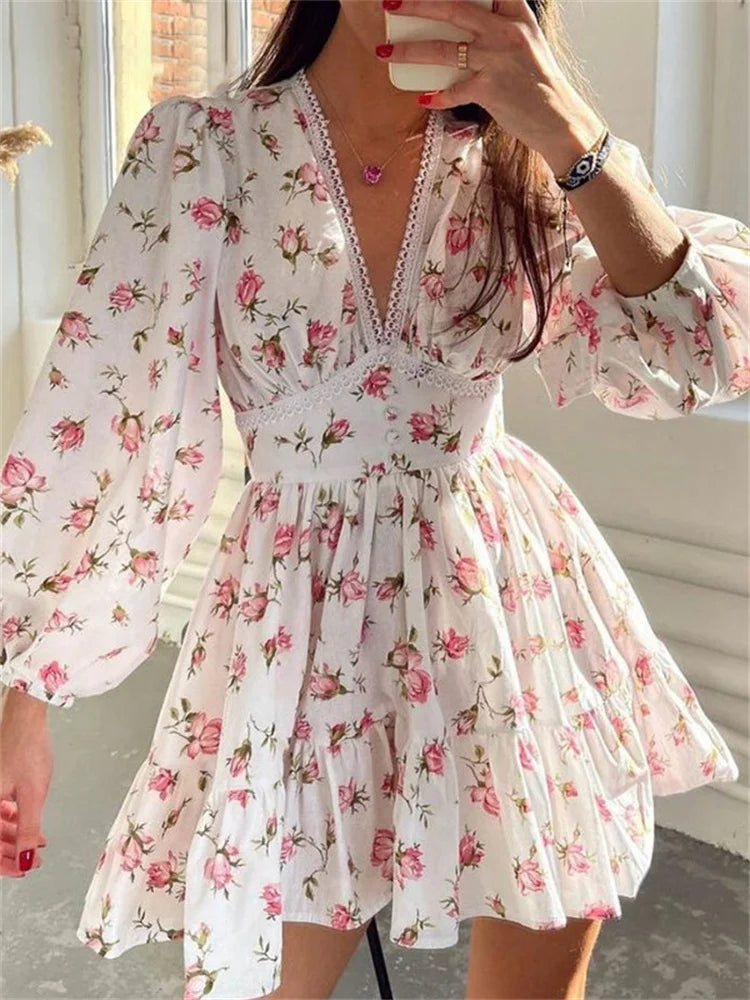 LVSANW CHRONSTYLE Elegant Women Floral Print Short Mini Dress Long Lantern Sleeve Deep V Neck High Waist A-Line Dresses Female Vestidos