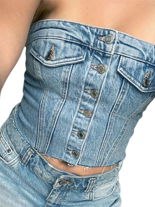 LVSANW CHRONSTYLE Women Sexy Tube Tops Sleeveless Buttons Up Bustiers Corsets Strapless Denim Off Shoulder Cropped Tank Mini Vest 2024