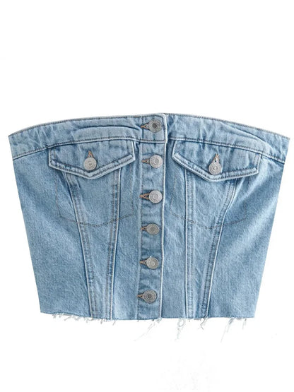 LVSANW CHRONSTYLE Women Sexy Tube Tops Sleeveless Buttons Up Bustiers Corsets Strapless Denim Off Shoulder Cropped Tank Mini Vest 2024