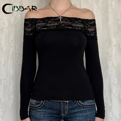 LVSANW CIBBAR Black Lace Stitched Slash Neck Crop Top Elegant Sexy Skinny Long Sleeve T Shirts for Women Harajuku Y2k Autumn Tees Basic