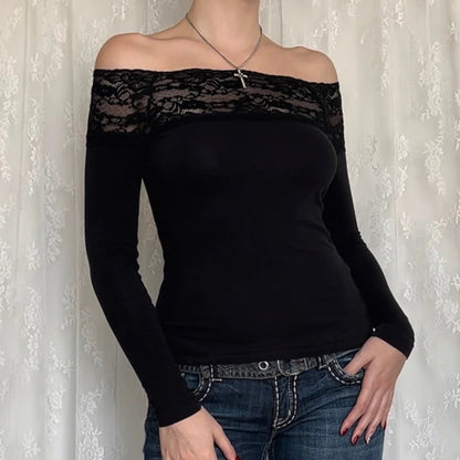 LVSANW CIBBAR Black Lace Stitched Slash Neck Crop Top Elegant Sexy Skinny Long Sleeve T Shirts for Women Harajuku Y2k Autumn Tees Basic