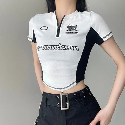 LVSANW CIBBAR Casual Stitched Zipper Crop Top y2k Aesthetic Knitted Short Sleeve Letter Print T-shirt 90s Harajuku Shirt Women Clothing