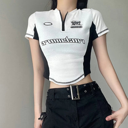 LVSANW CIBBAR Casual Stitched Zipper Crop Top y2k Aesthetic Knitted Short Sleeve Letter Print T-shirt 90s Harajuku Shirt Women Clothing