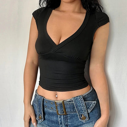 LVSANW CIBBAR Sexy Deep V Neck Crop Top Women Basic Solid Tee Shirts 2024 Summer New Fashion T-shirts Vintage Clubwear Ladies Clothing