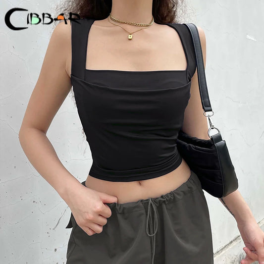 LVSANW CIBBAR Solid Elegant Square Collar Crop Top Women Sleeveless Skinny Tank Tops Basic Casual Ladies Vest Harajuku Y2k Vintage Tees