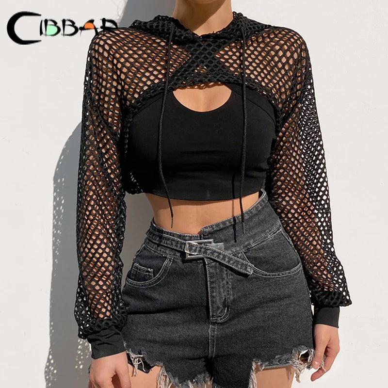 LVSANW CIBBAR Street Style Fishnet Holes T Shirt See Through Hollow Out Hooded Full Sleeve Crop Top Women Casual Loose Shirt Smock Fall