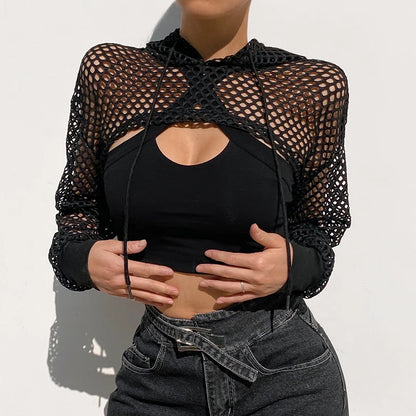 LVSANW CIBBAR Street Style Fishnet Holes T Shirt See Through Hollow Out Hooded Full Sleeve Crop Top Women Casual Loose Shirt Smock Fall