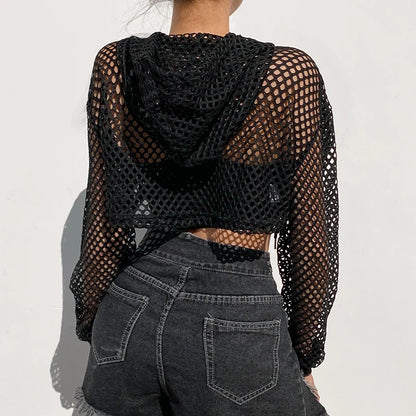 LVSANW CIBBAR Street Style Fishnet Holes T Shirt See Through Hollow Out Hooded Full Sleeve Crop Top Women Casual Loose Shirt Smock Fall