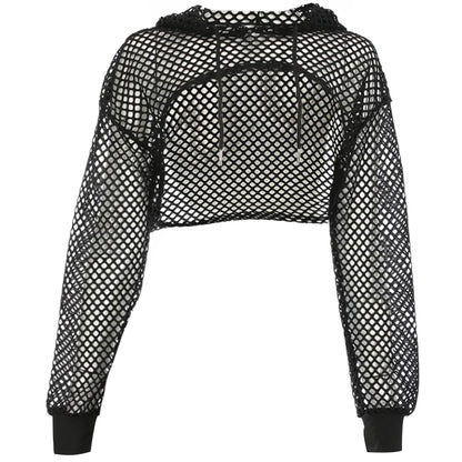 LVSANW CIBBAR Street Style Fishnet Holes T Shirt See Through Hollow Out Hooded Full Sleeve Crop Top Women Casual Loose Shirt Smock Fall