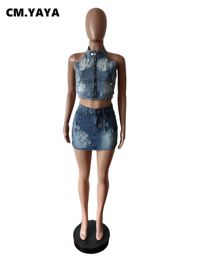 LVSANW CM.YAYA 2024 Summer Denim Embroidery Women's Set Sleeveless Tops and Bodycon Mini Skirts Suit Street Two 2 Piece Sets Outfits