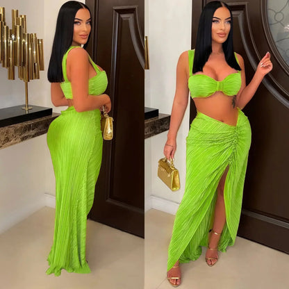 LVSANW CM.YAYA Beach Pleated Women 2 Piece Set Outfits 2024 Summer Crop Top and Midi Ruffles Draped High Side Split Maxi Long Skirt Set