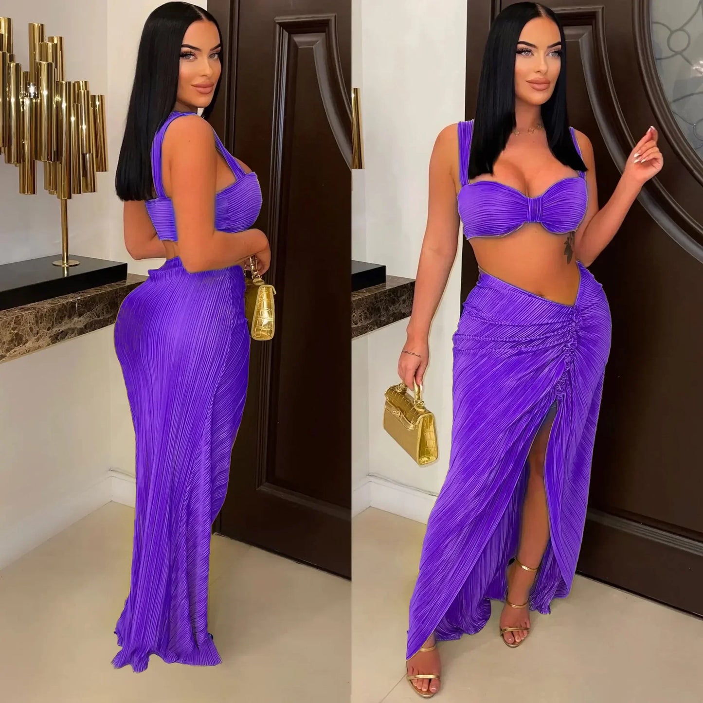 LVSANW CM.YAYA Beach Pleated Women 2 Piece Set Outfits 2024 Summer Crop Top and Midi Ruffles Draped High Side Split Maxi Long Skirt Set