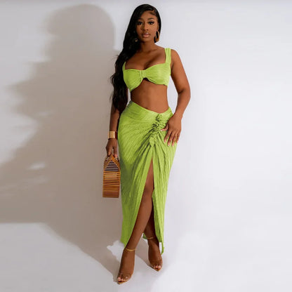 LVSANW CM.YAYA Beach Pleated Women 2 Piece Set Outfits 2024 Summer Crop Top and Midi Ruffles Draped High Side Split Maxi Long Skirt Set