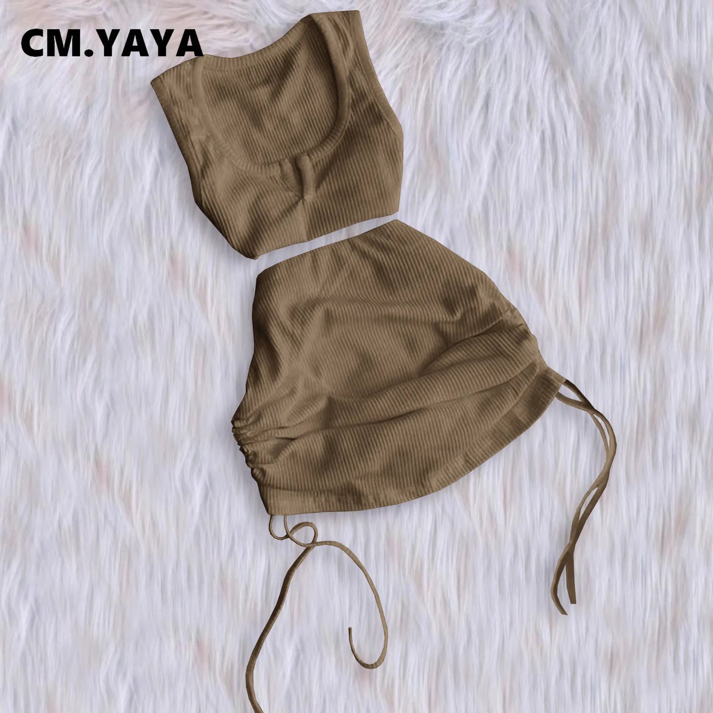 LVSANW CM.YAYA Fashion Knit Ribbed Women 2 Piece Set Outfit 2024 Summer Tank Top and Drawstring Ruched Up Midi Mini Skirt Set Tracksuit