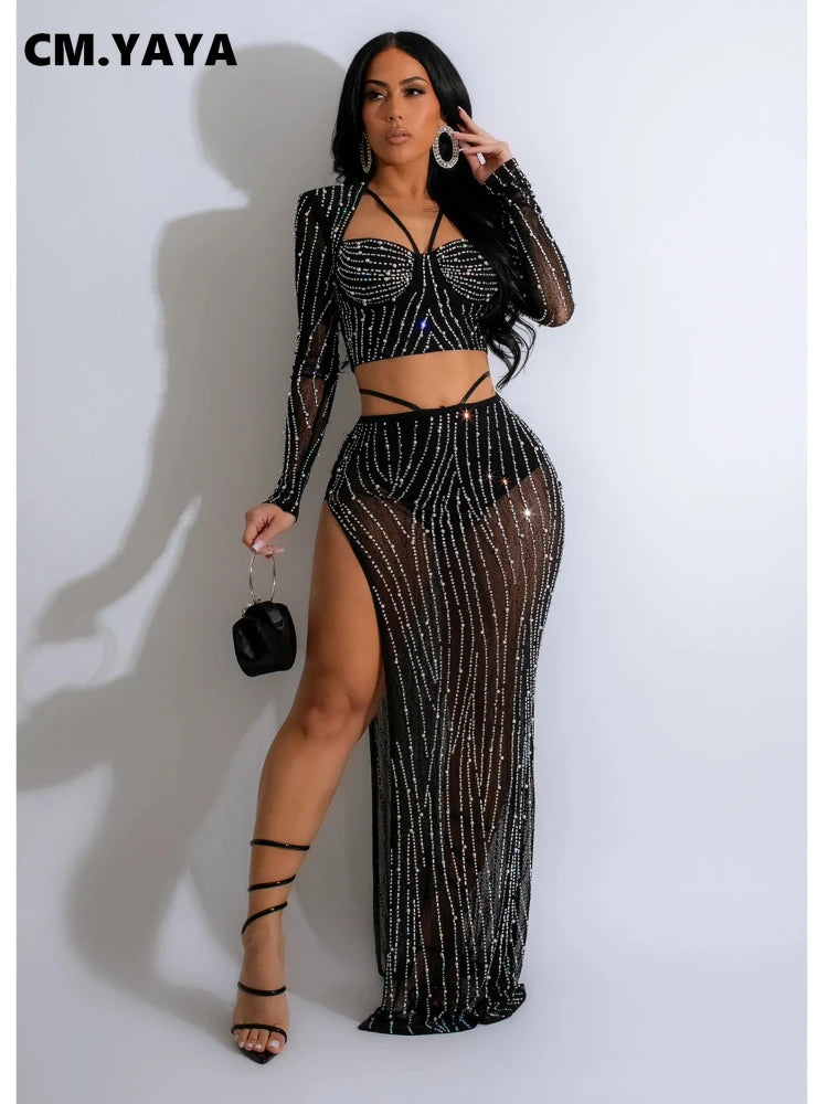 LVSANW CM.YAYA Fashion Women’s Dress Set Style Mesh Hot Drilling Long Sleeve Top + Skirts Sets 2 Two Pcs Sets Sexy strapless Oufits