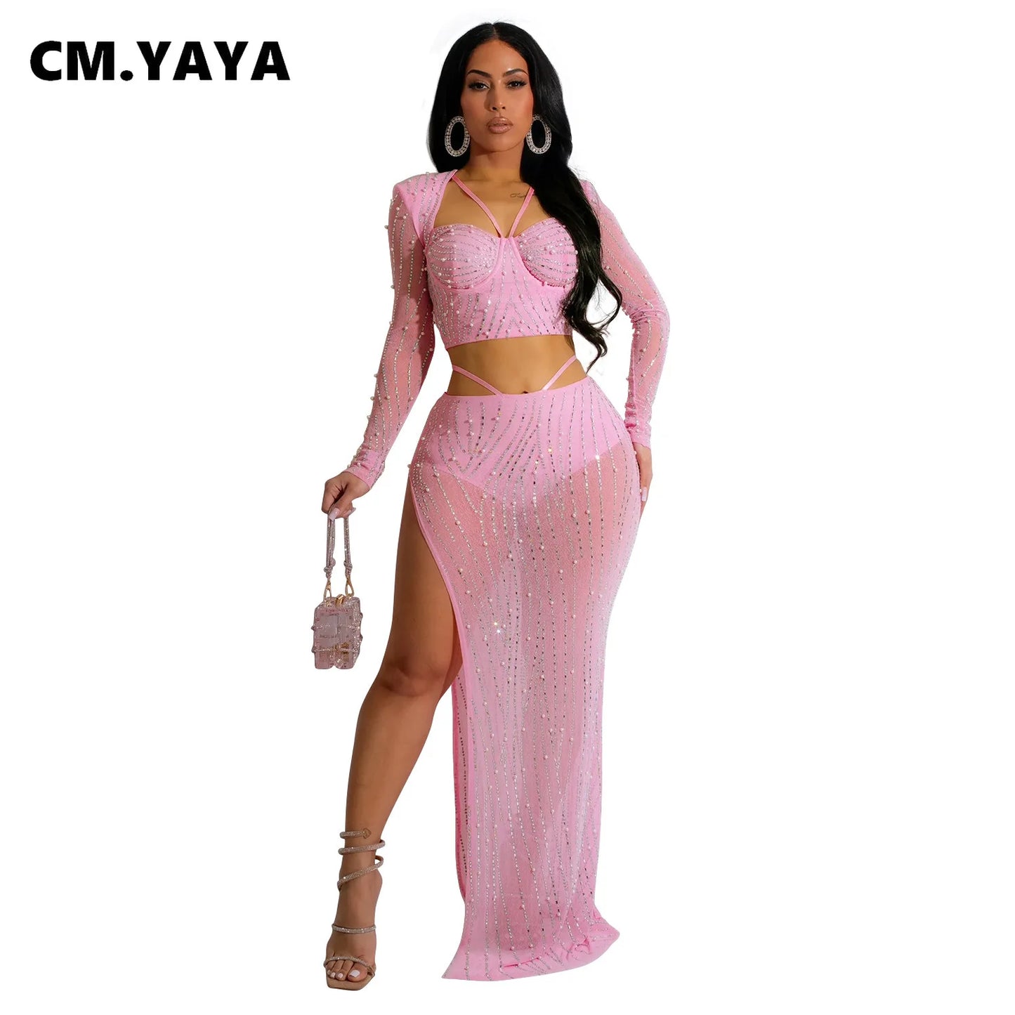 LVSANW CM.YAYA Fashion Women’s Dress Set Style Mesh Hot Drilling Long Sleeve Top + Skirts Sets 2 Two Pcs Sets Sexy strapless Oufits