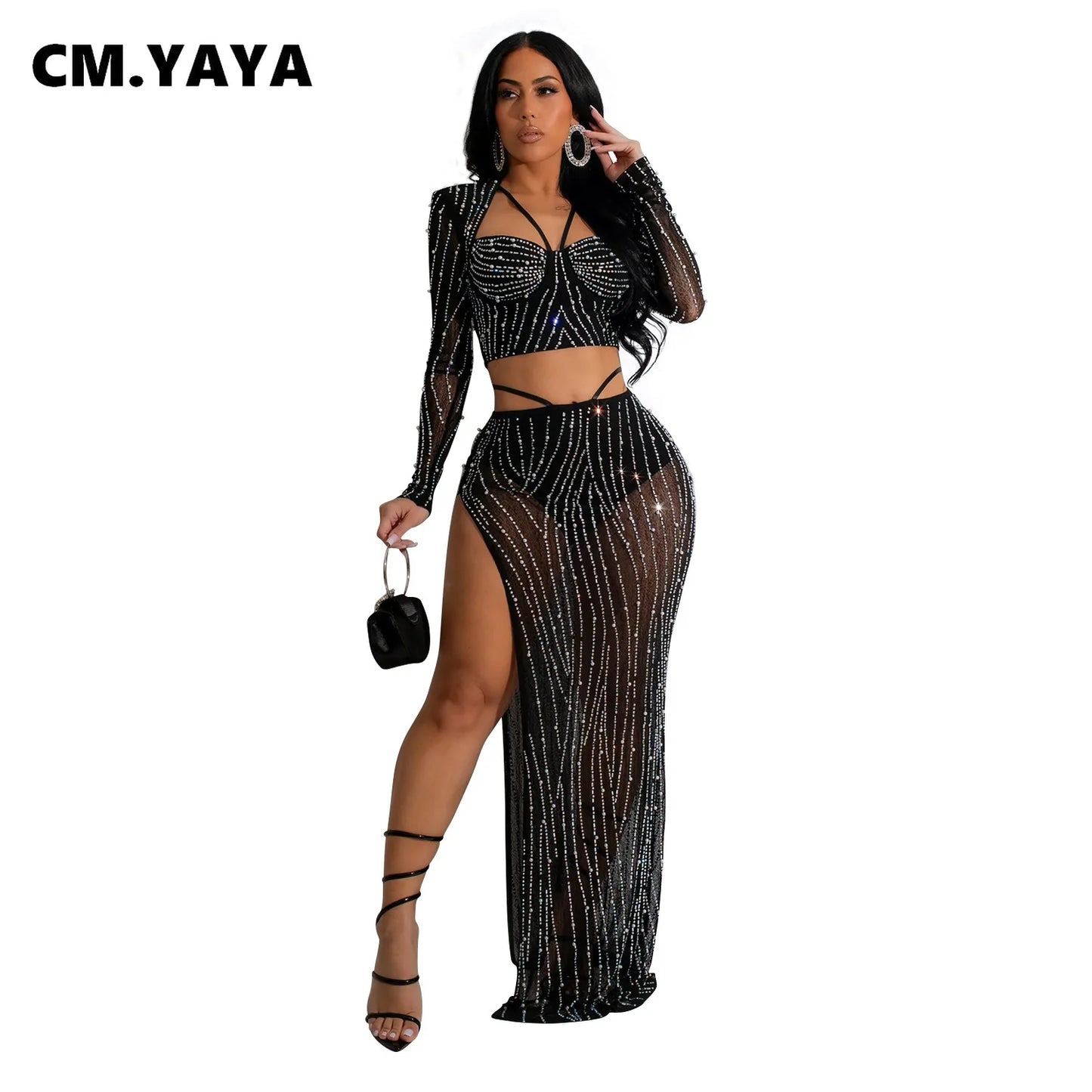 LVSANW CM.YAYA Fashion Women’s Dress Set Style Mesh Hot Drilling Long Sleeve Top + Skirts Sets 2 Two Pcs Sets Sexy strapless Oufits