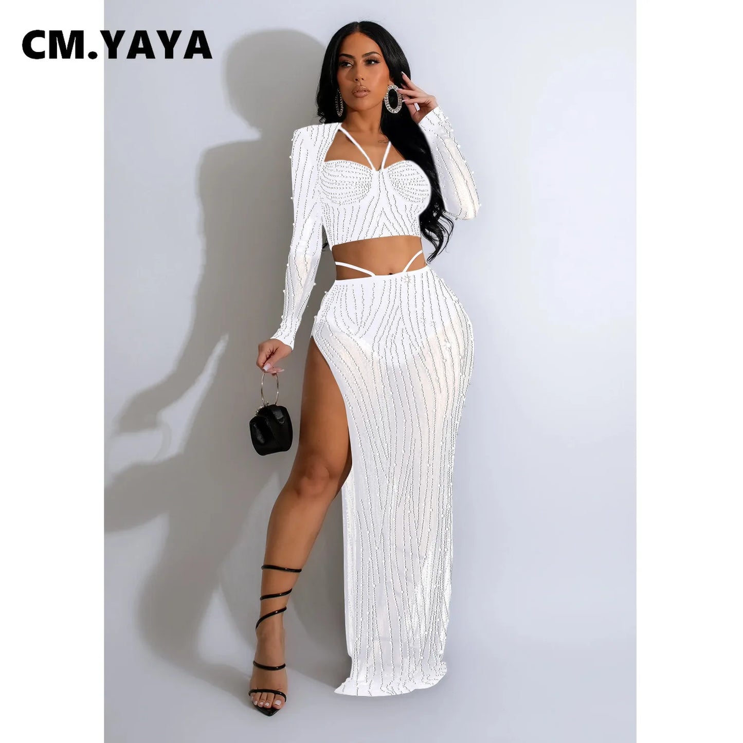 LVSANW CM.YAYA Fashion Women’s Dress Set Style Mesh Hot Drilling Long Sleeve Top + Skirts Sets 2 Two Pcs Sets Sexy strapless Oufits