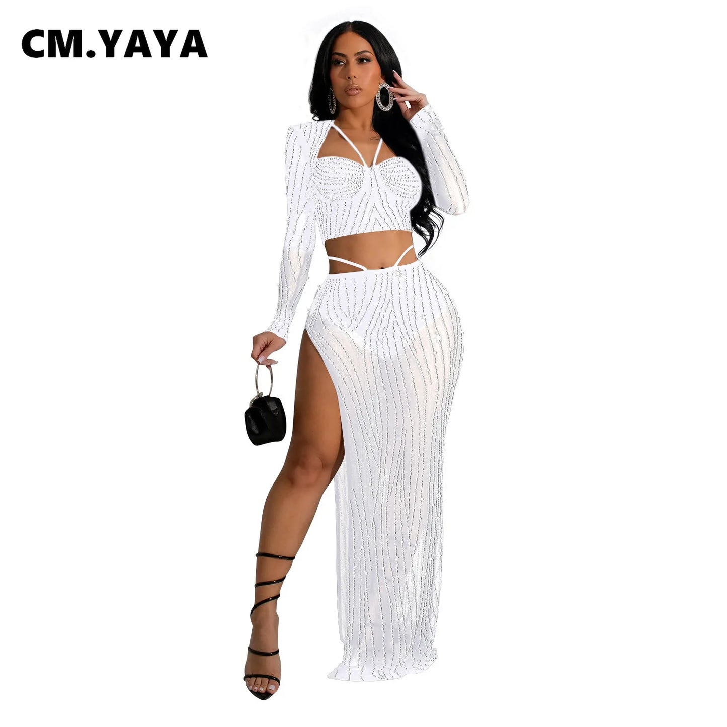 LVSANW CM.YAYA Fashion Women’s Dress Set Style Mesh Hot Drilling Long Sleeve Top + Skirts Sets 2 Two Pcs Sets Sexy strapless Oufits