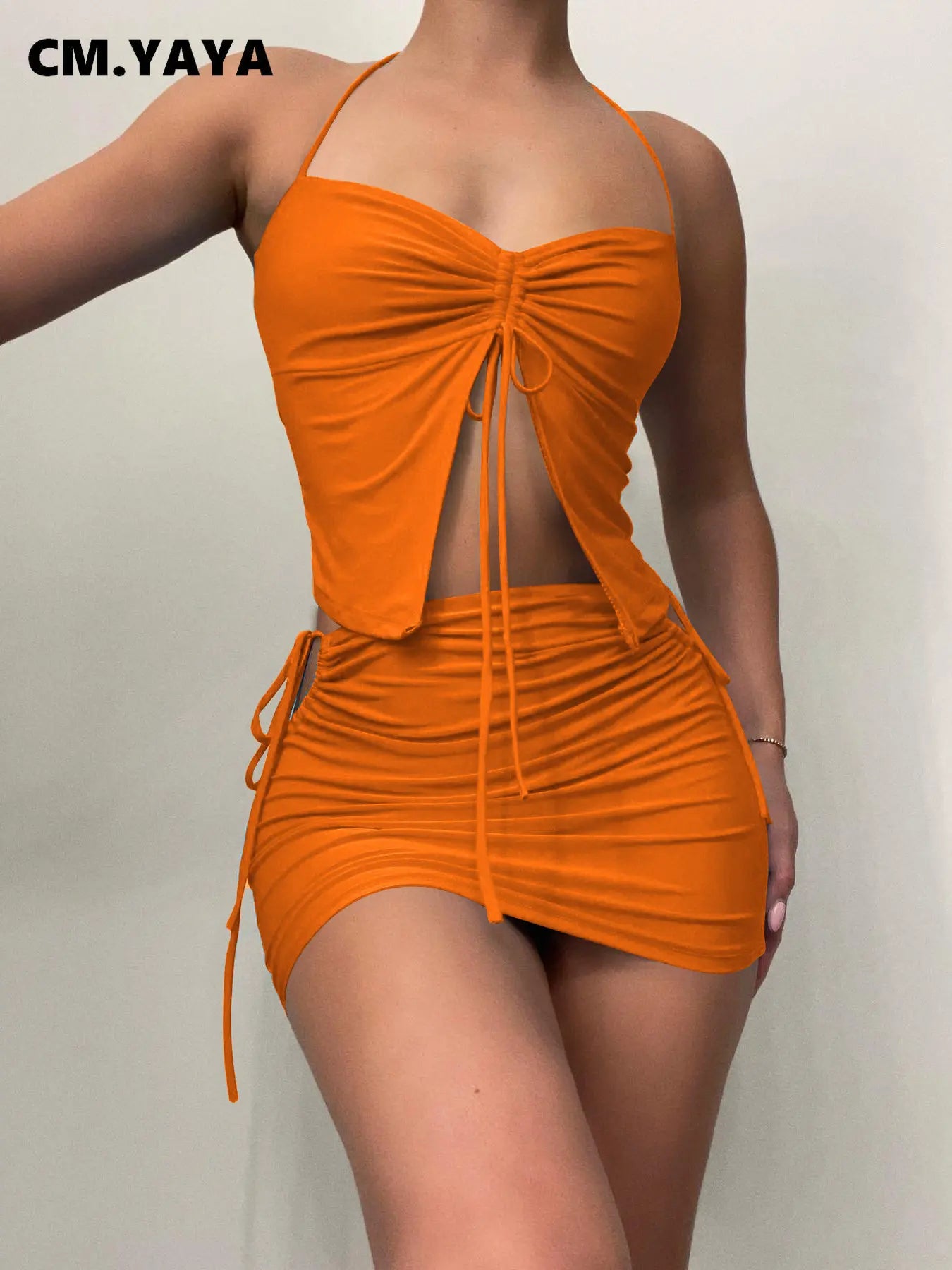 LVSANW CM.YAYA Women Drawstring Ruched Up Bodycon Midi Mini Skirts Set and Butterfly Crop Top Sexy Club Two 2 Piece Set Dress Outfits