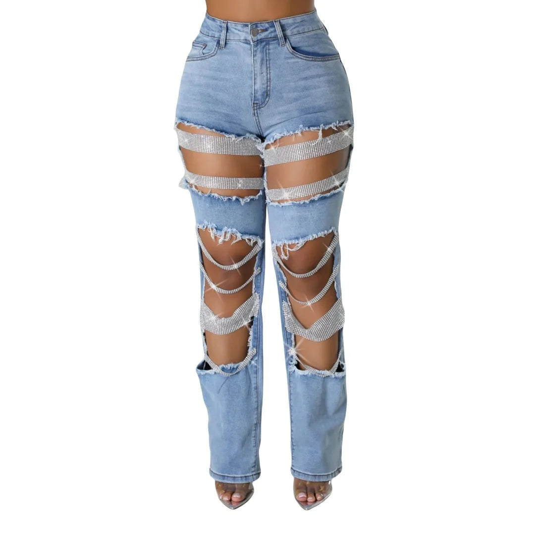 LVSANW CM.YAYA Women Fashion Pearl Beading Ripped Hollow Out Tassel Wide Leg Jeans 2024 New Summer INS Street Denim Pants Trousers