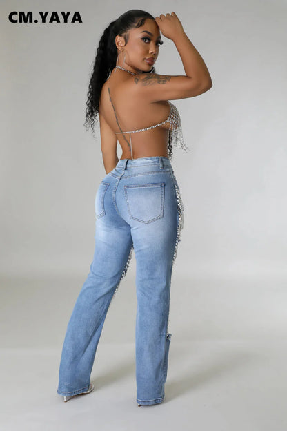 LVSANW CM.YAYA Women Fashion Pearl Beading Ripped Hollow Out Tassel Wide Leg Jeans 2024 New Summer INS Street Denim Pants Trousers