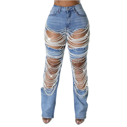 LVSANW CM.YAYA Women Fashion Pearl Beading Ripped Hollow Out Tassel Wide Leg Jeans 2024 New Summer INS Street Denim Pants Trousers