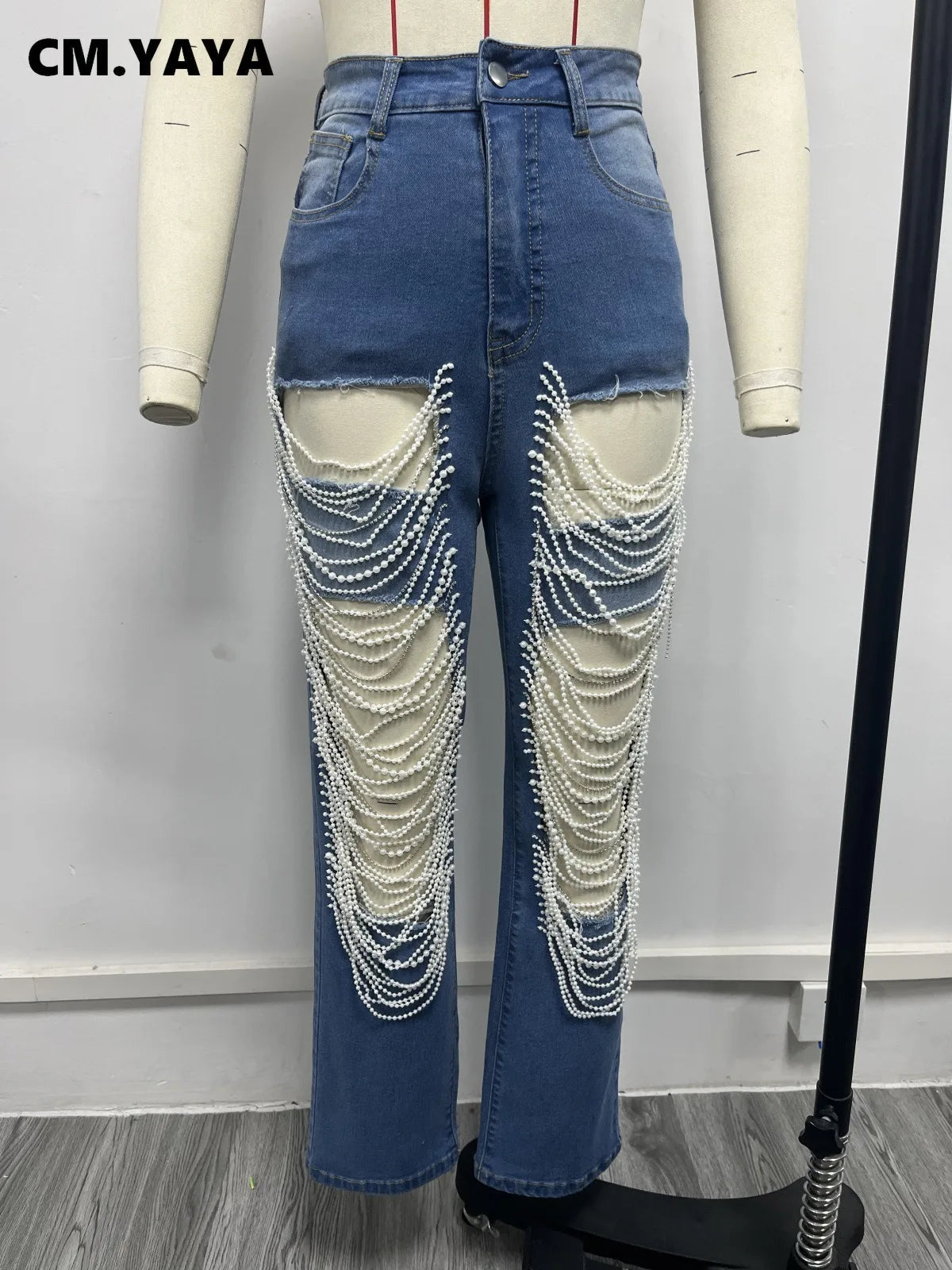 LVSANW CM.YAYA Women Fashion Pearl Beading Ripped Hollow Out Tassel Wide Leg Jeans 2024 New Summer INS Street Denim Pants Trousers