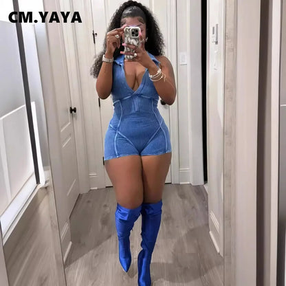 LVSANW CM.YAYA Women Knitted Sleeveless V-neck Short Jumpsuits Street 2024 Summer Washed Casual Sexy One Piece Suit Romper Playsuits