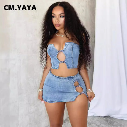 LVSANW CM.YAYA Women Set Sleeveless Denim Strapless Tops and Mini Skirt Suits 2024 Sexy Hollow Out Beach Street Two 2 Piece Set Outfits