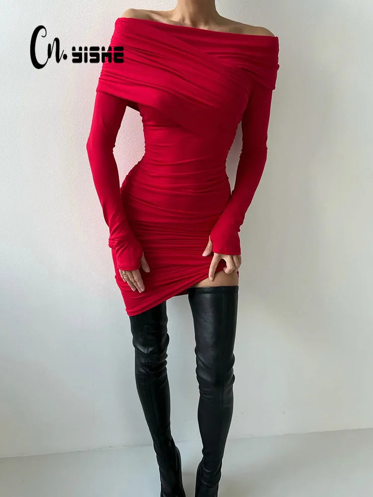 LVSANW CNYISHE Red Strapless Sexy Club Women Dresses Slash Neck Long Sleeve Sheath Outfits Fashion Slim Bodycon Female Vestidos Robes